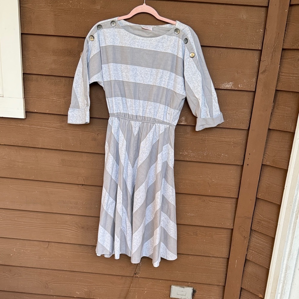 Vintage Lady Carol of New York Striped Gray and White Button-Shoulder Dress